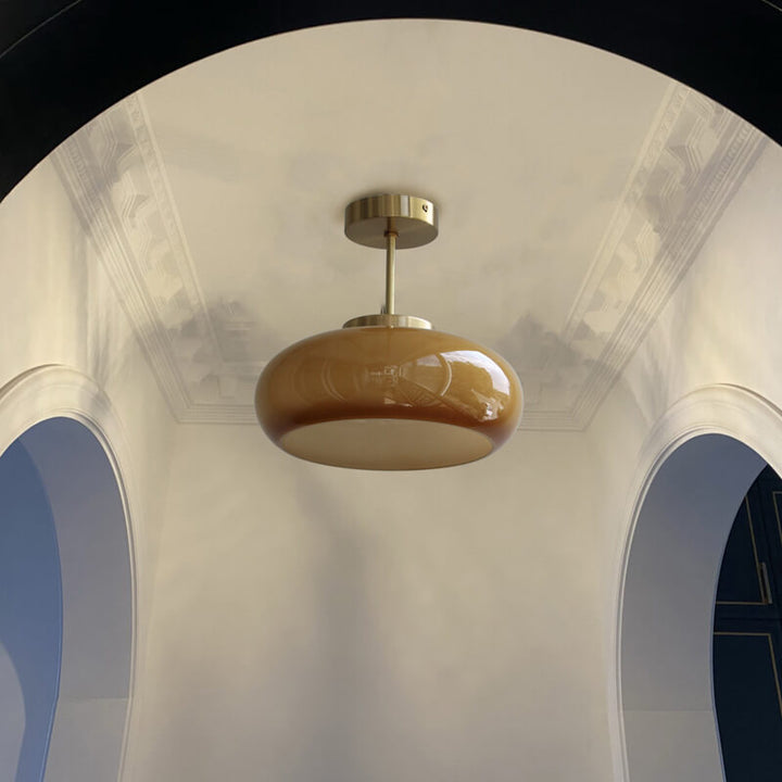 Vintage Brass Yellow Glass Ceiling Light | Semi-Flush Mount