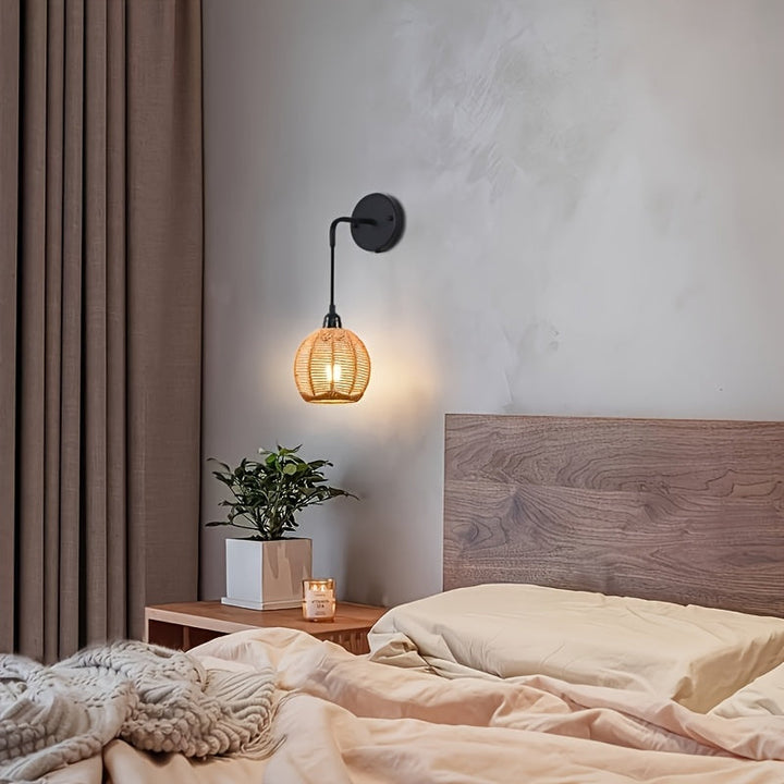Boho Rattan Wall Lamp | Handwoven Bedside &amp; Living Room Sconce