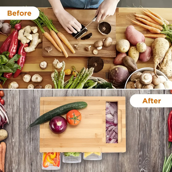 Bamboo Cutting Board with Storage Trays &amp; Graters | Multifunctional Kitchen Prep Station