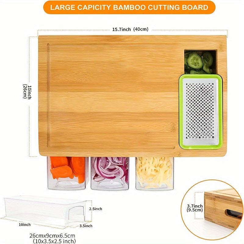 Bamboo Cutting Board with Storage Trays &amp; Graters | Multifunctional Kitchen Prep Station