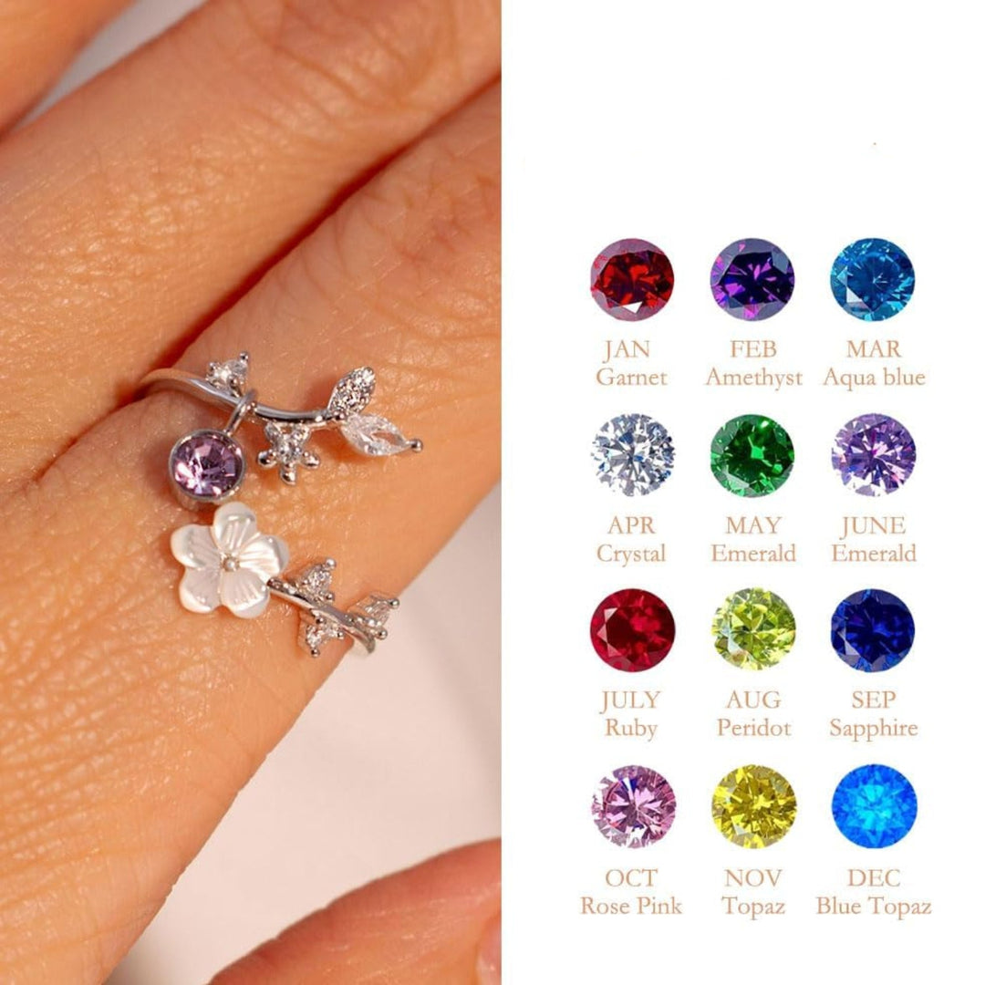 Ring Birthstone Flower Adjustable Cubic Zirconia Mothers Day Gift