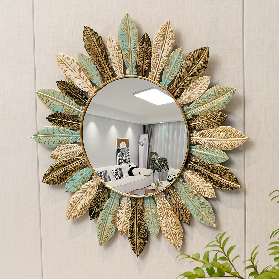 Bohemian Sunburst Metal Wall Mirror | Teal &amp; Gold Leaf Design