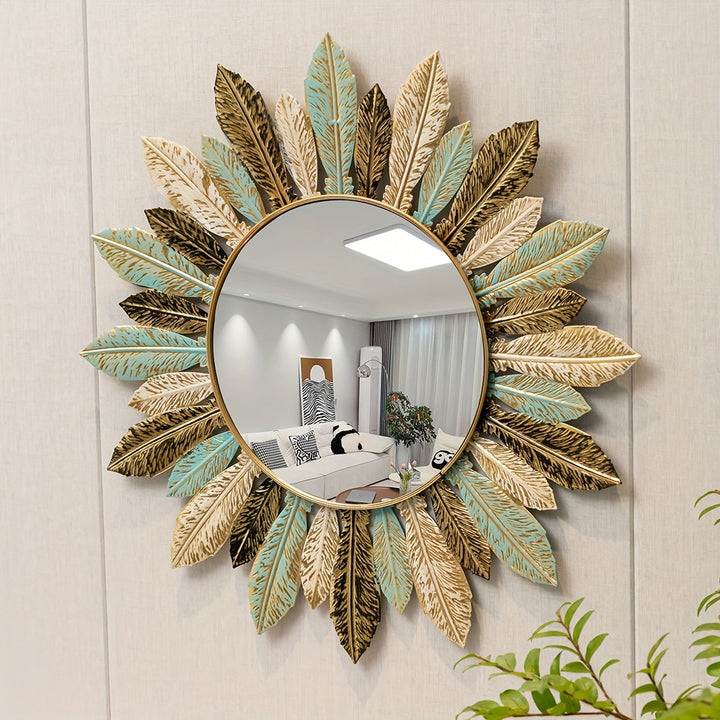 Bohemian Sunburst Metal Wall Mirror | Teal &amp; Gold Leaf Design
