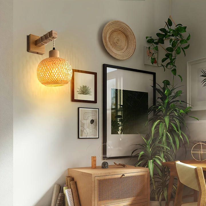 Rustic Wooden Wall Sconce | Handwoven Rattan &amp; Wood Light Fixture