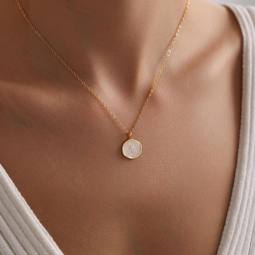 Necklace Cross Pendant Mothers Day Gold Disc Dainty jewelry