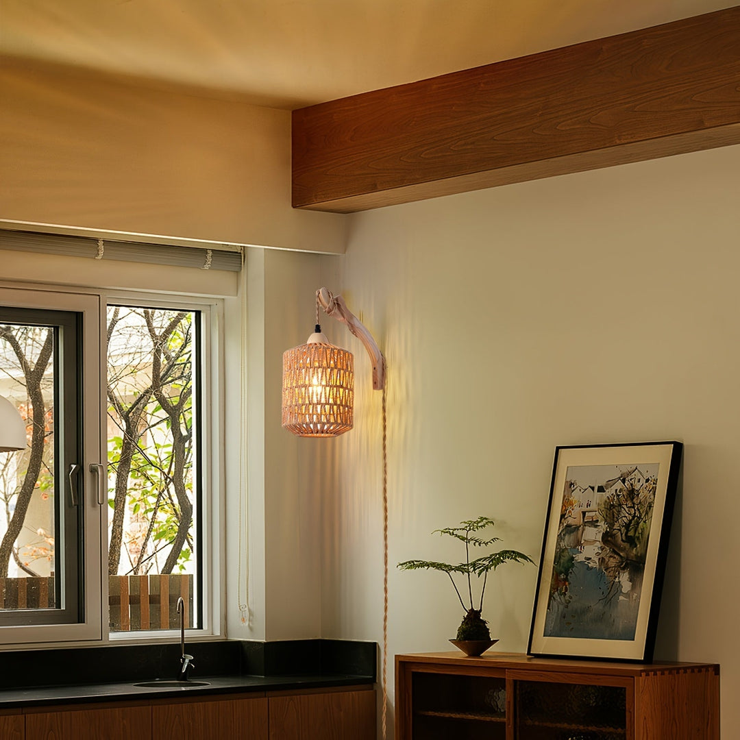 Boho Wood &amp; Rattan Wall Lamp | Hand-Woven Plug-In Light