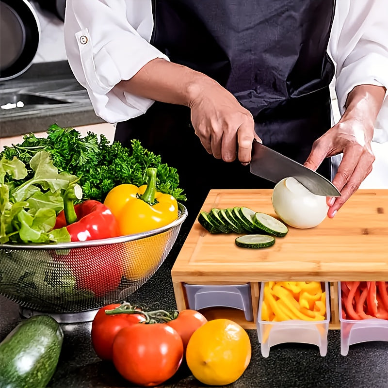 Bamboo Cutting Board with Storage Trays &amp; Graters | Multifunctional Kitchen Prep Station