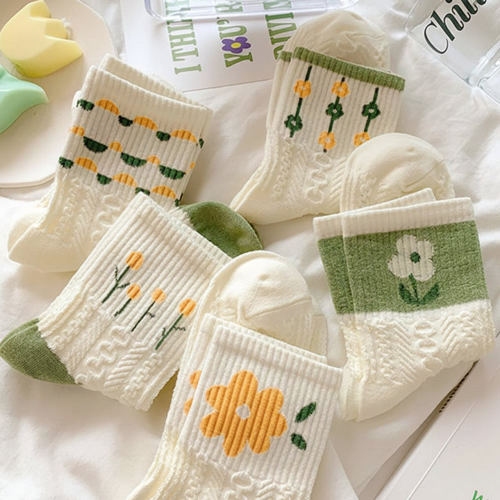 Womens Crew Socks Vintage Floral Cable Knit Breathable Cotton