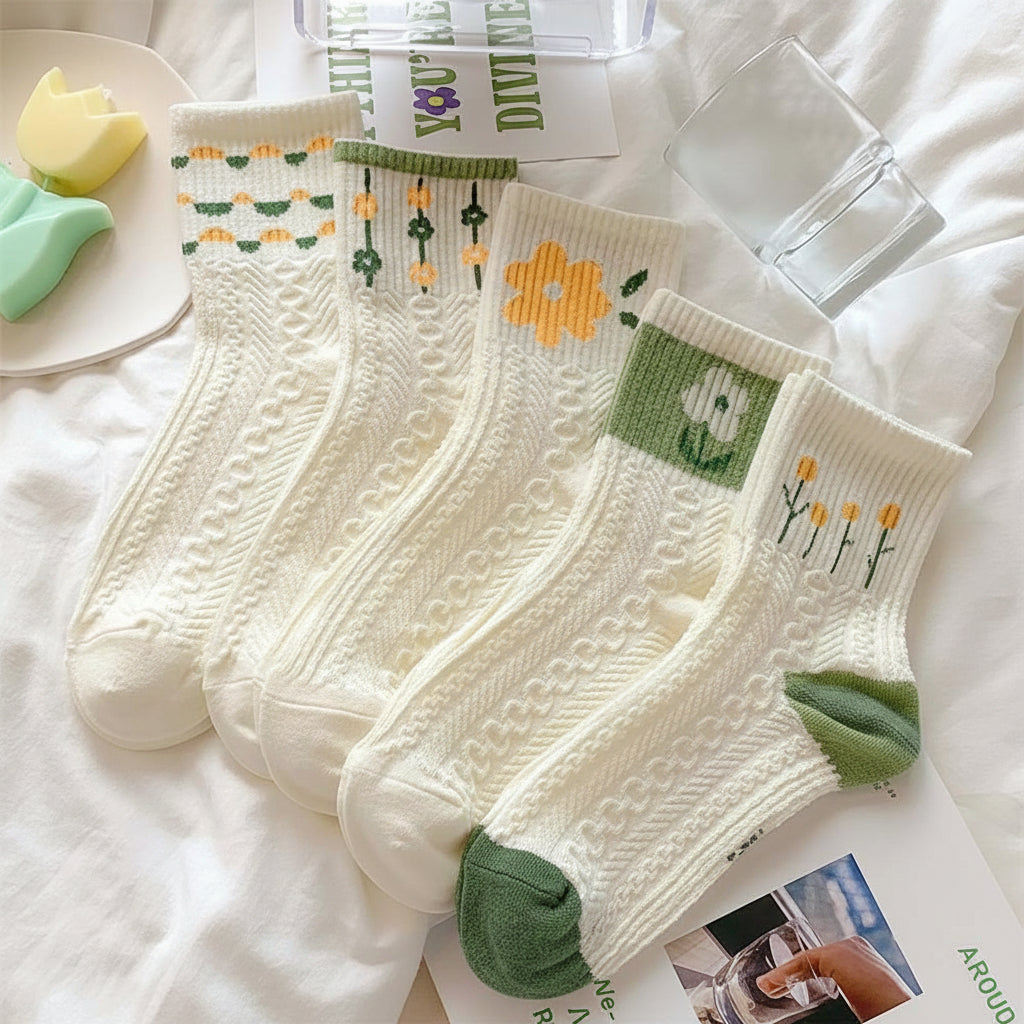 Womens Crew Socks Vintage Floral Cable Knit Breathable Cotton