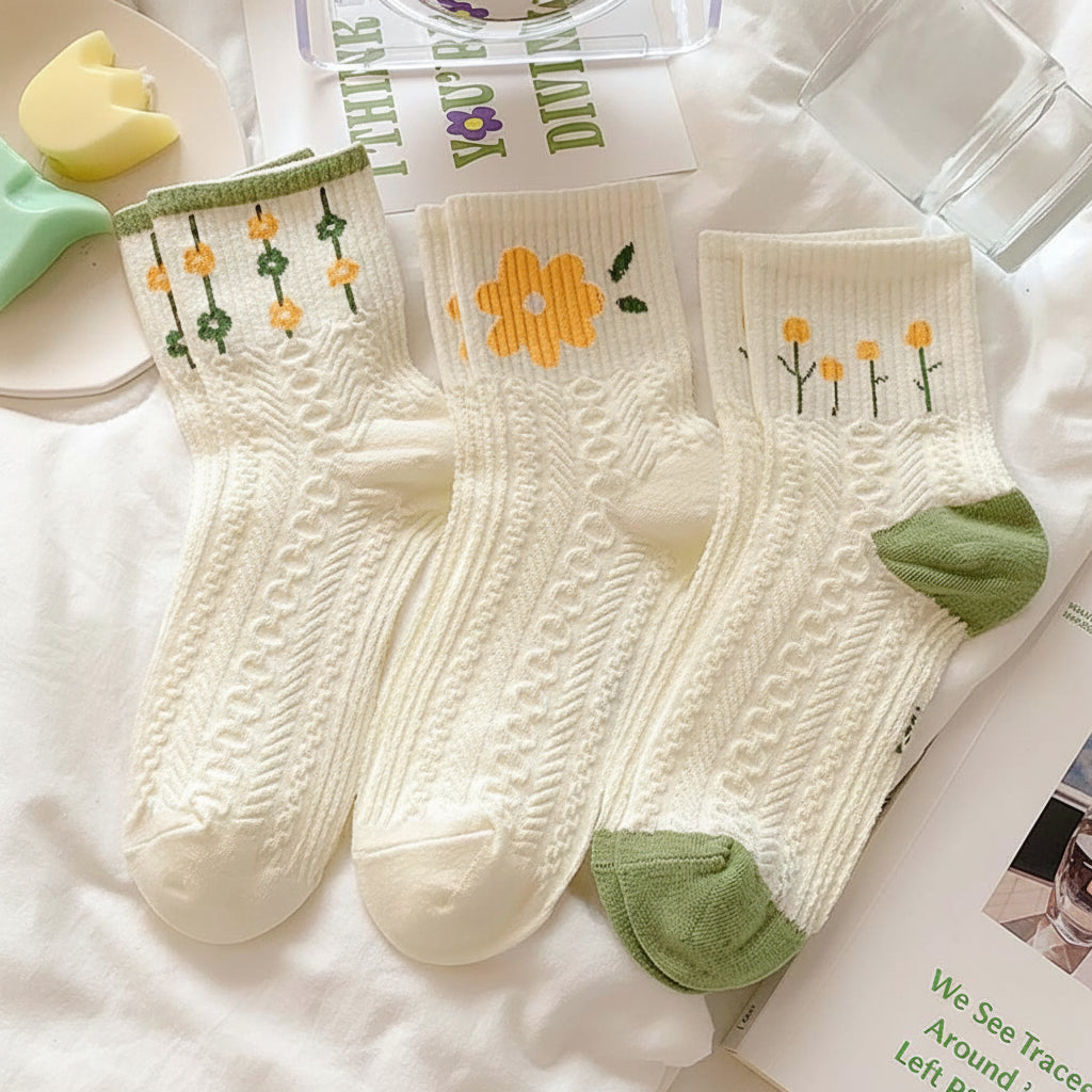 Womens Crew Socks Vintage Floral Cable Knit Breathable Cotton