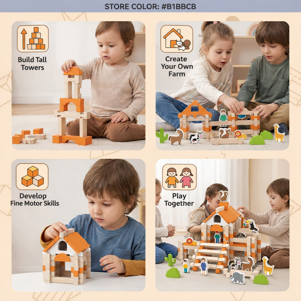 Kids Toys Montessori Wooden Building Blocks Playset