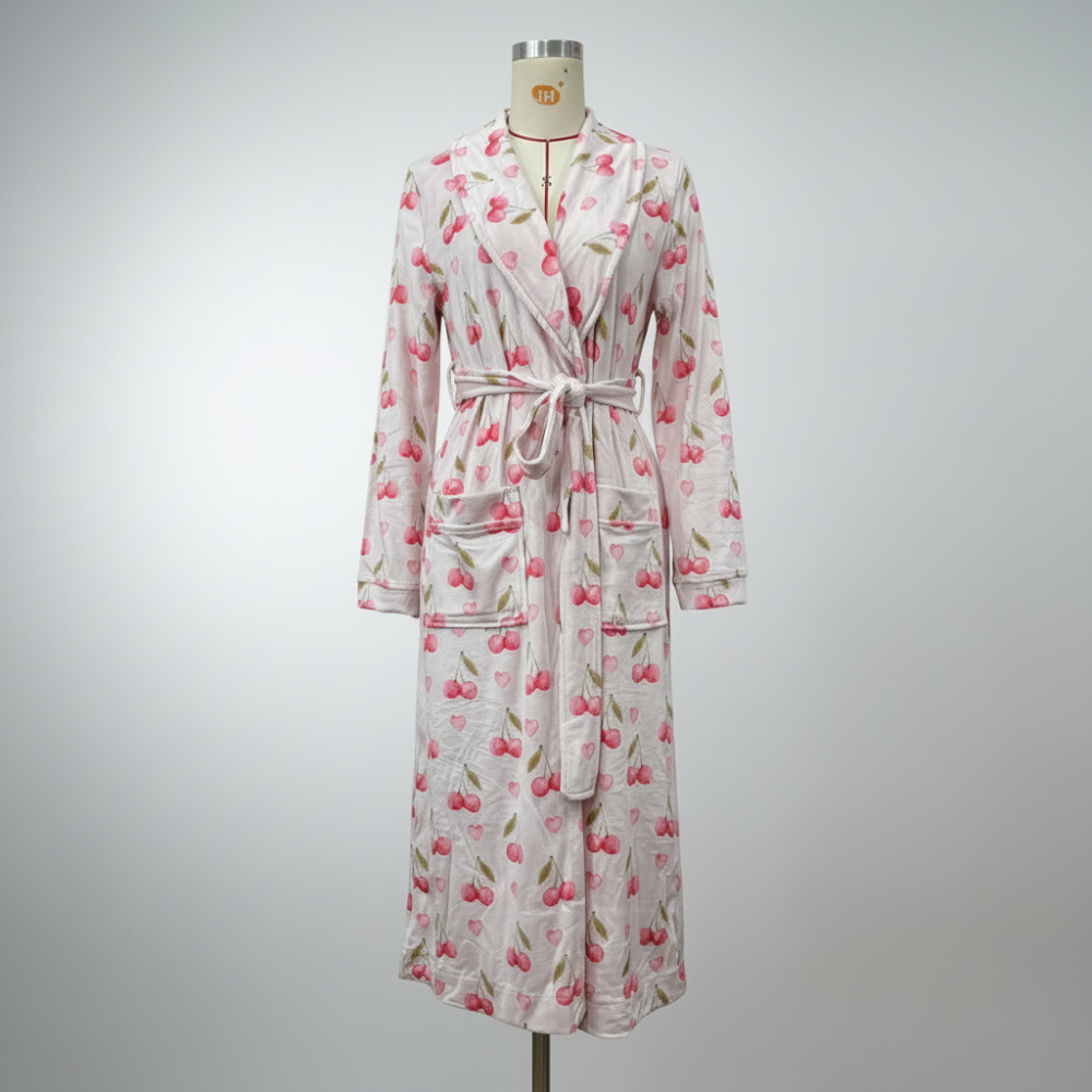 Bathrobe Floral Print Flannel Shawl Collar Tie Waist Robe