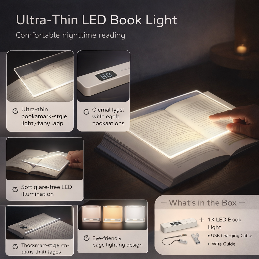 Book Light LED Reading Lamp Ultra Thin USB Rechargeable