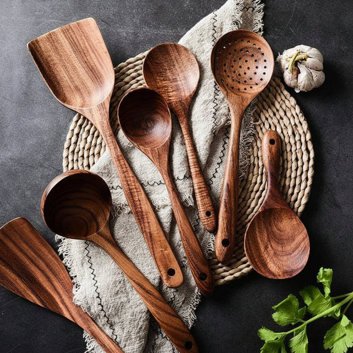 Cooking Utensils Wooden Set Handmade Non Scratch Kitchen Tools