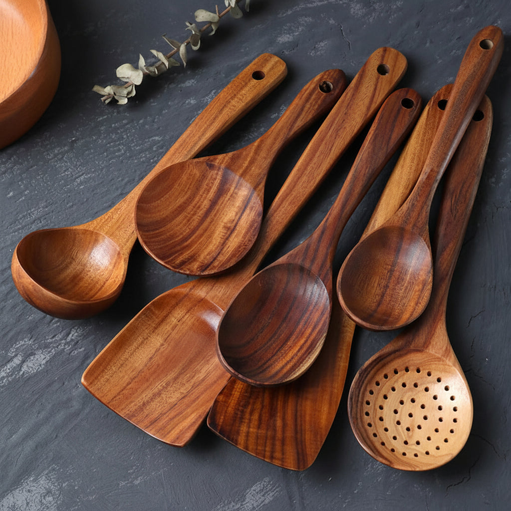 Cooking Utensils Wooden Set Handmade Non Scratch Kitchen Tools