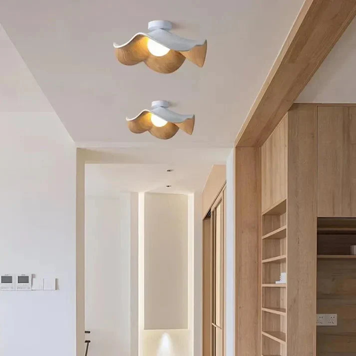 Scandinavian Wooden Lotus Ceiling Light | Resin &amp; Iron Modern Flush Lamp