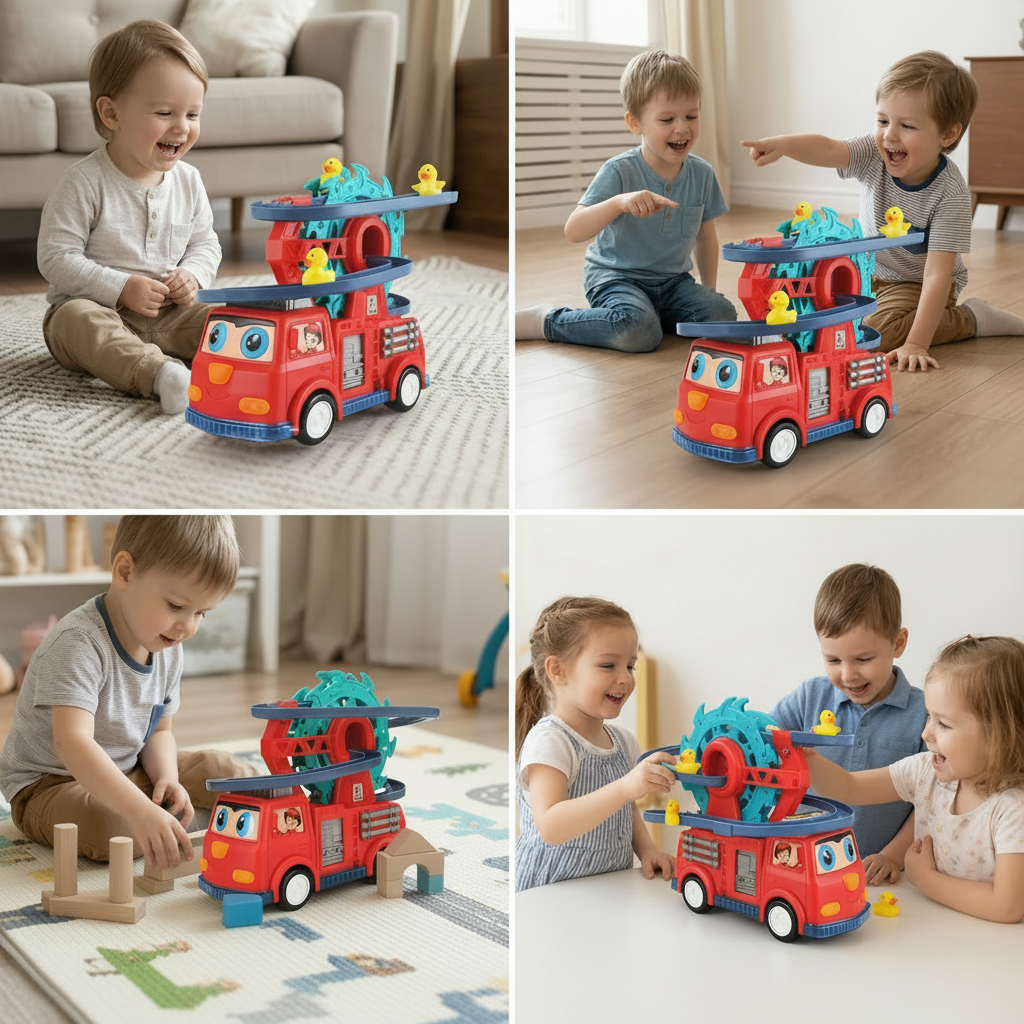 Fire Truck Toy Duck Slide Track Lights Sounds