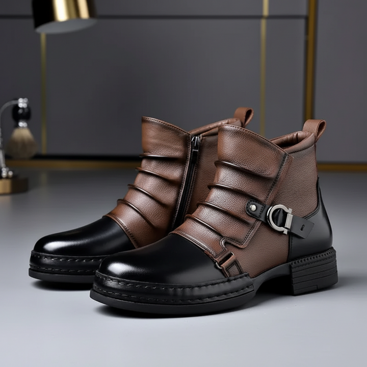 Men Ankle Boots Leather Buckle Side Zip Casual Dress Shoes