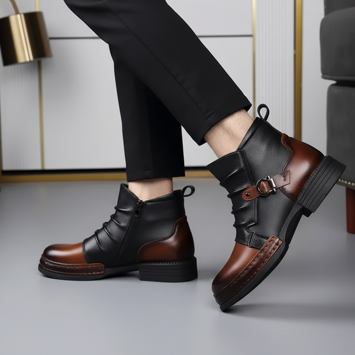 Men Ankle Boots Leather Buckle Side Zip Casual Dress Shoes