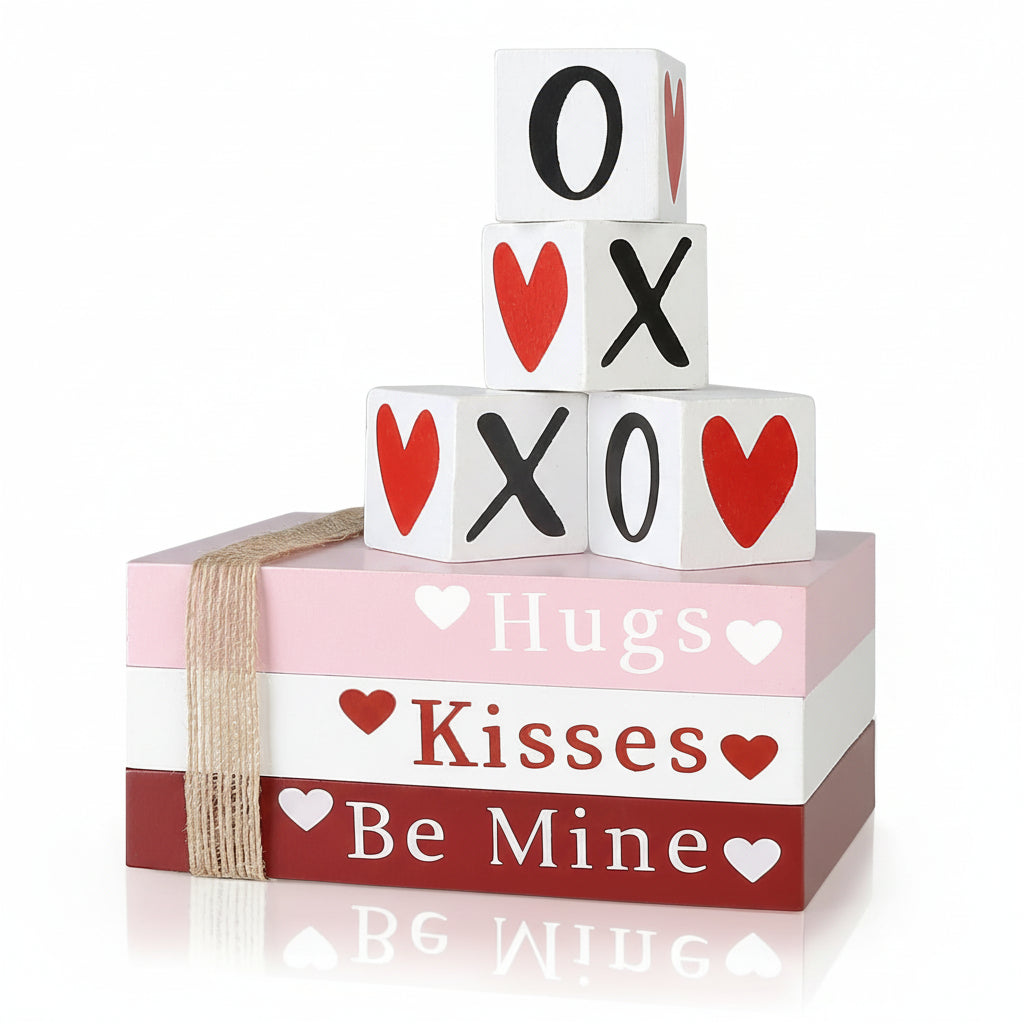 Table Decor Wooden Valentine Book Stack Heart Shelf Signs