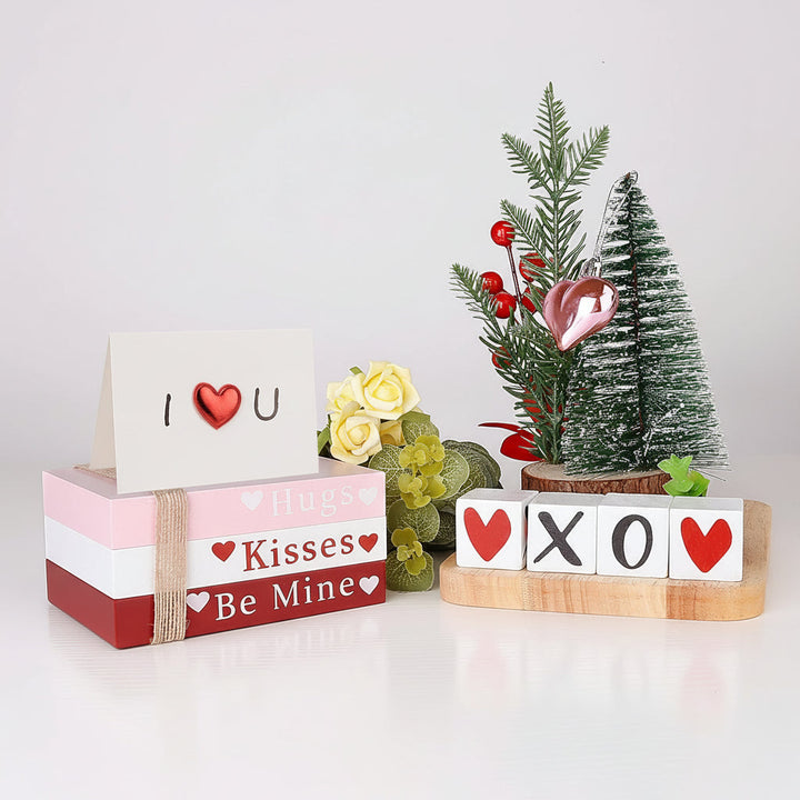 Table Decor Wooden Valentine Book Stack Heart Shelf Signs