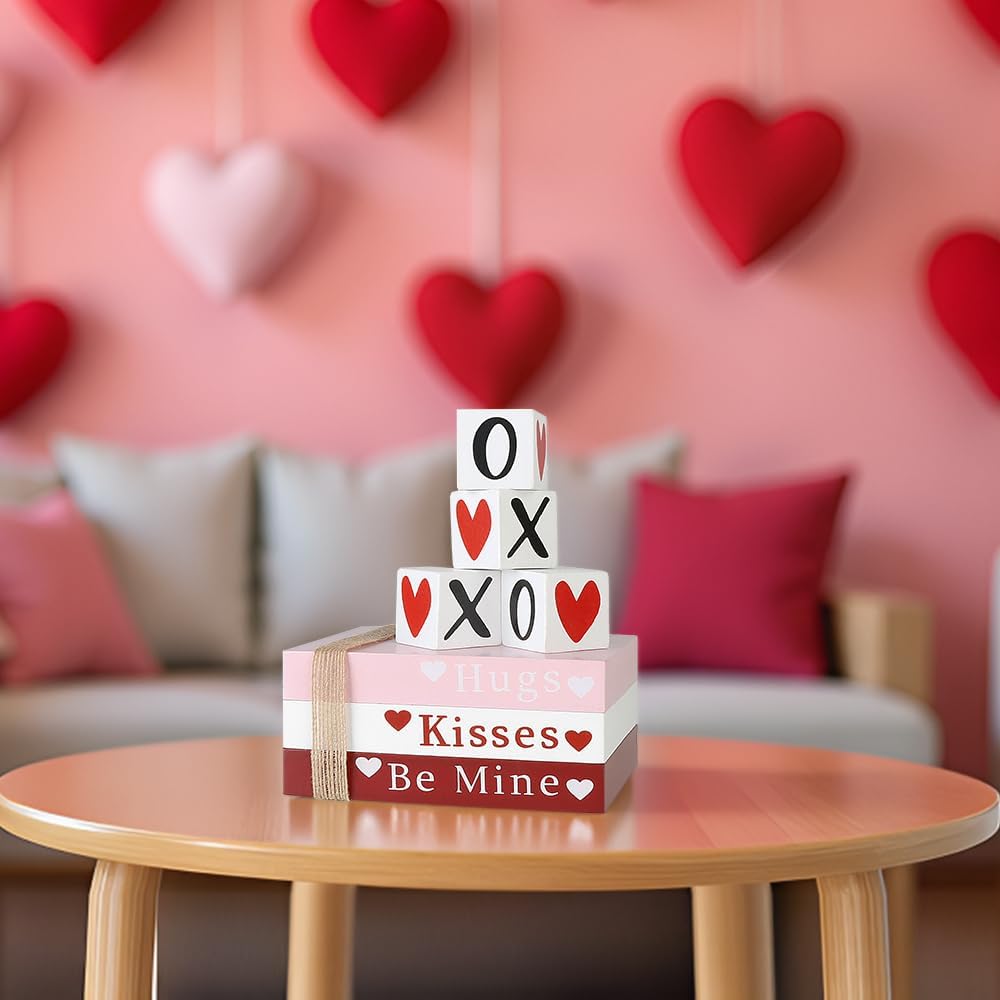 Table Decor Wooden Valentine Book Stack Heart Shelf Signs
