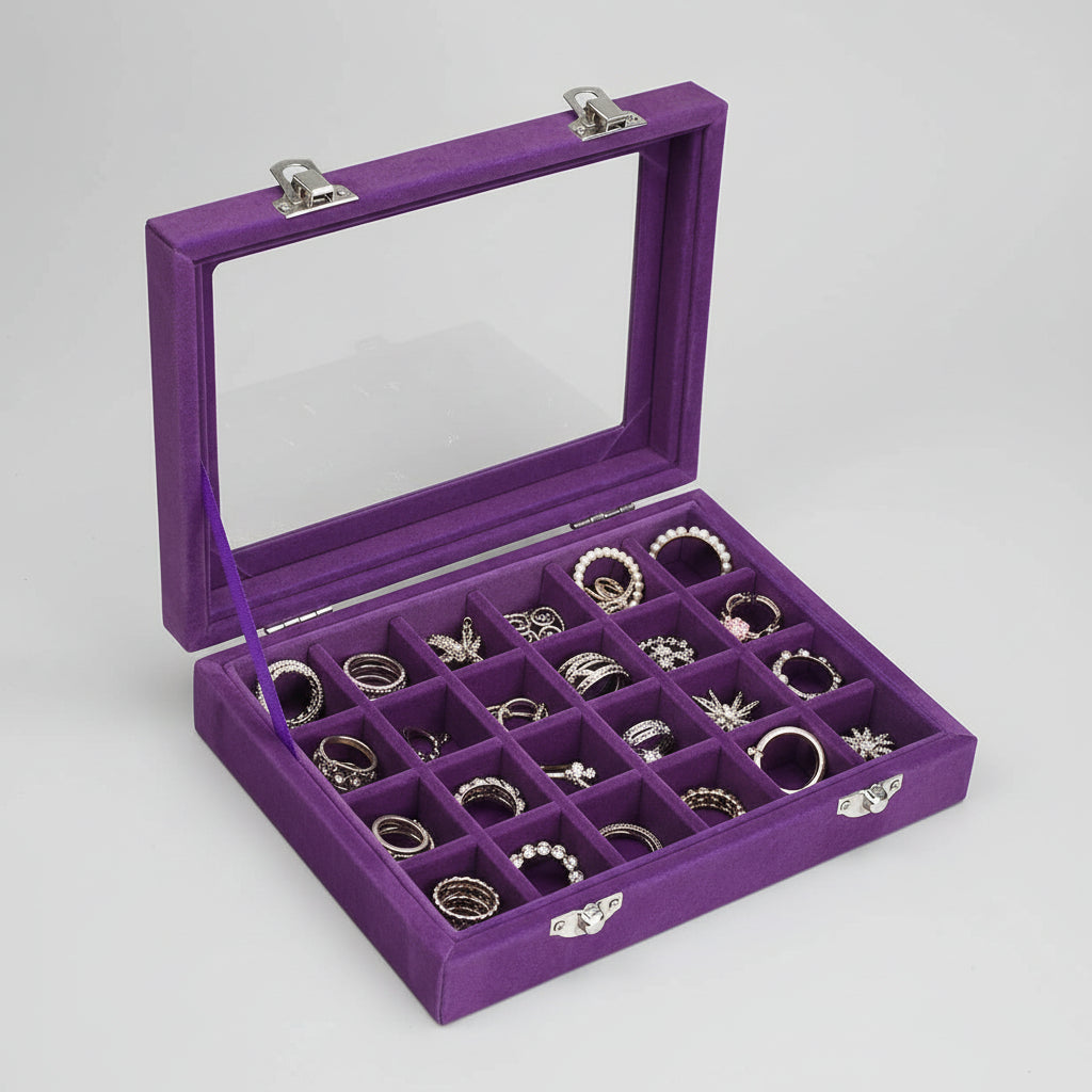 jewelry Organizer Mothers Day Velvet Storage Box Glass Lid Tray