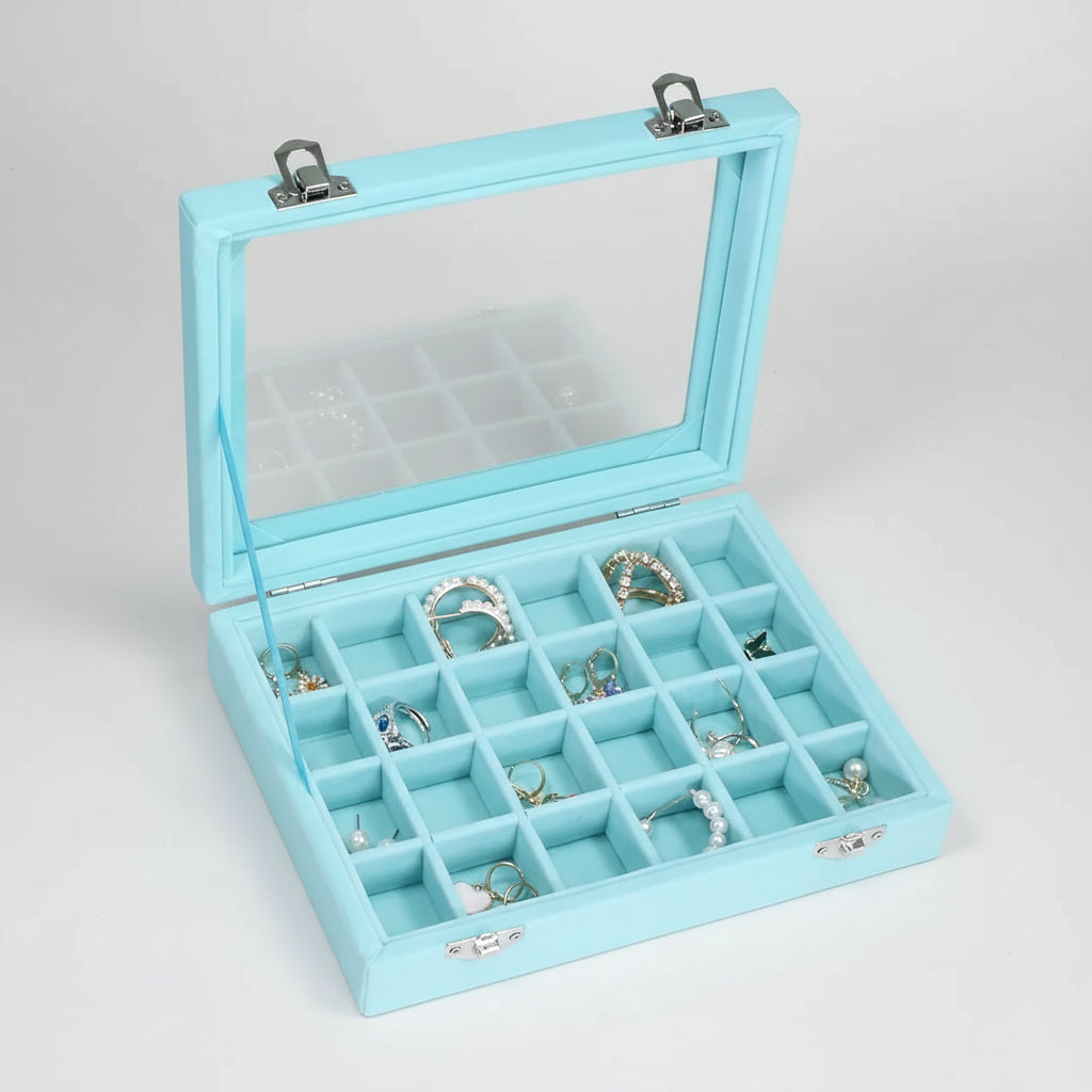 jewelry Organizer Mothers Day Velvet Storage Box Glass Lid Tray
