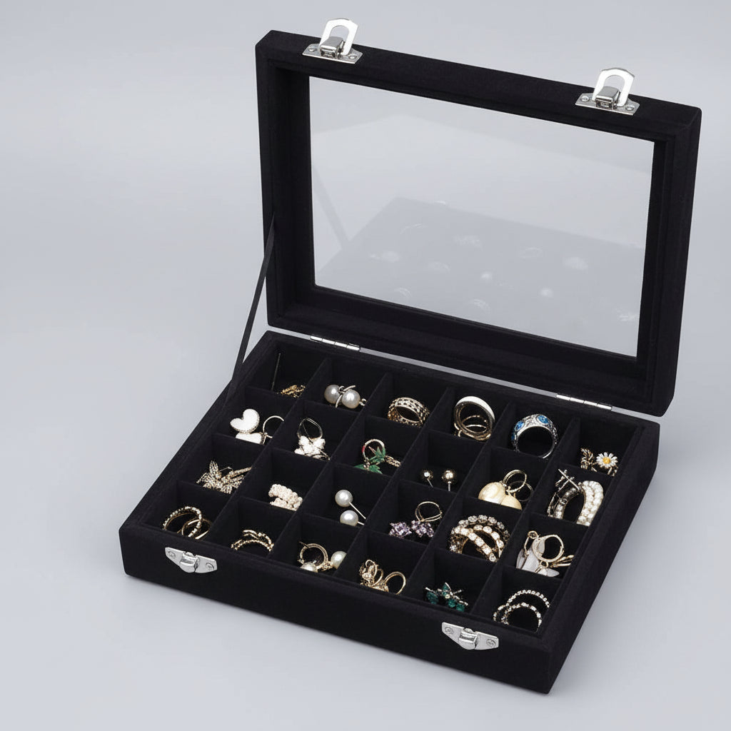 jewelry Organizer Mothers Day Velvet Storage Box Glass Lid Tray