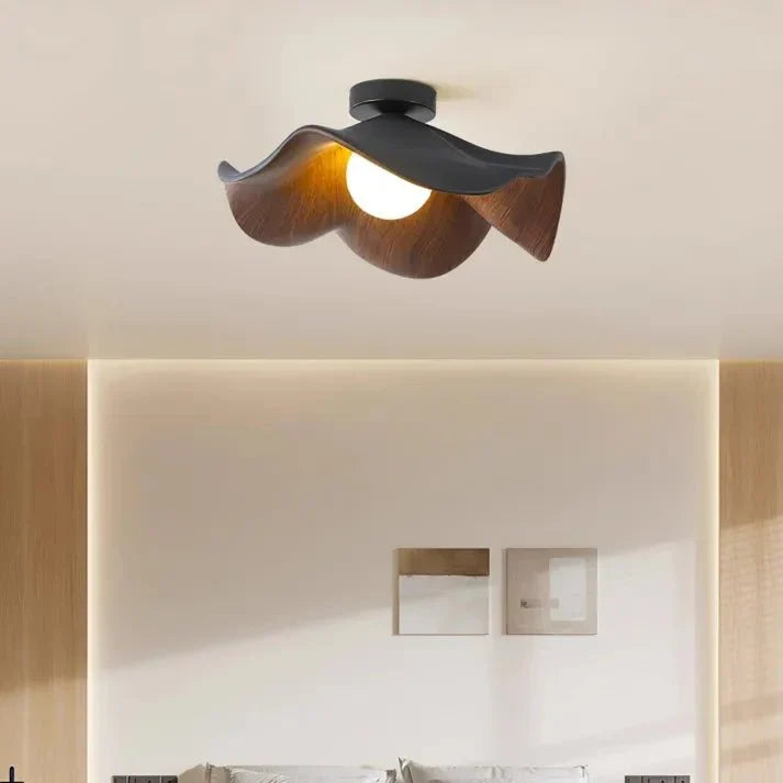 Scandinavian Wooden Lotus Ceiling Light | Resin &amp; Iron Modern Flush Lamp
