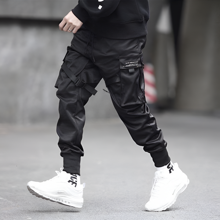 Mens Cargo Pants Black Adjustable Straps Durable Urban Pants