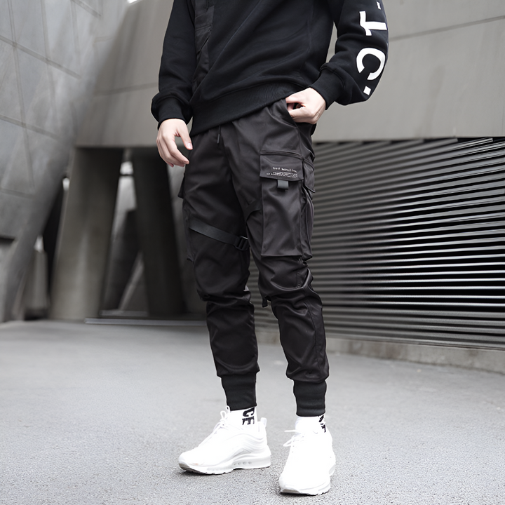 Mens Cargo Pants Black Adjustable Straps Durable Urban Pants