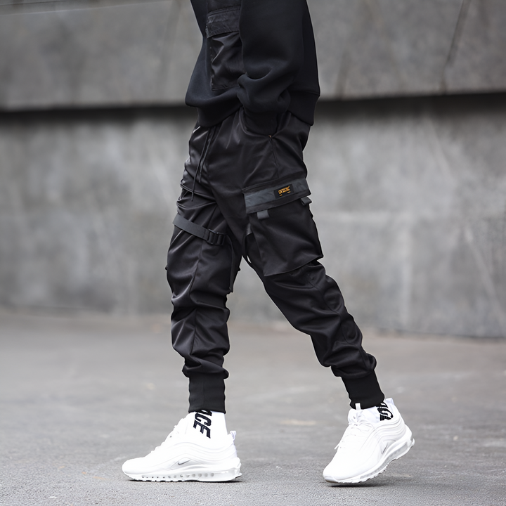 Mens Cargo Pants Black Adjustable Straps Durable Urban Pants