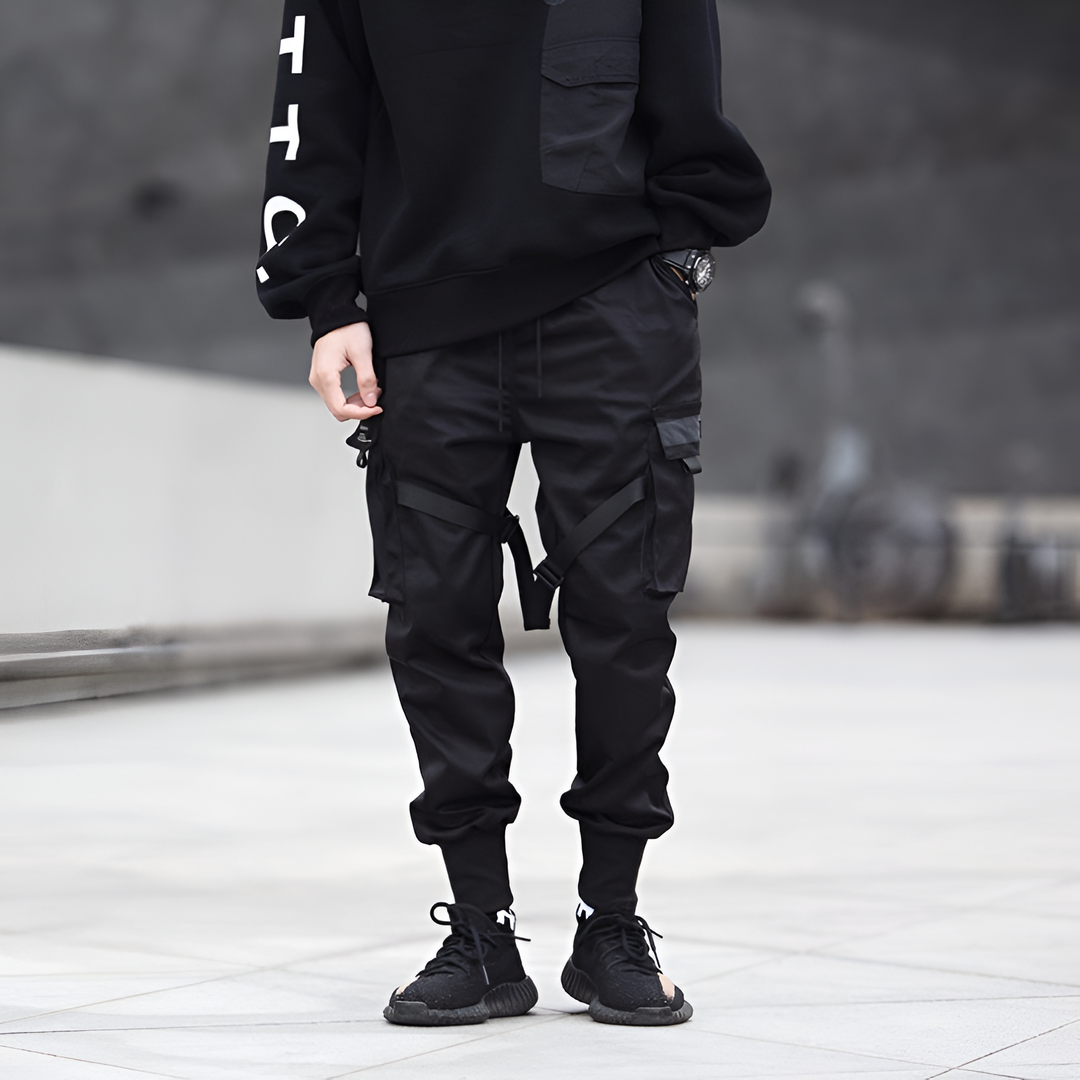Mens Cargo Pants Black Adjustable Straps Durable Urban Pants