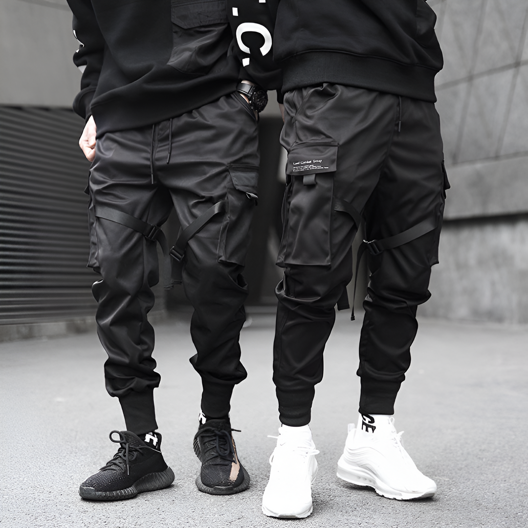 Mens Cargo Pants Black Adjustable Straps Durable Urban Pants