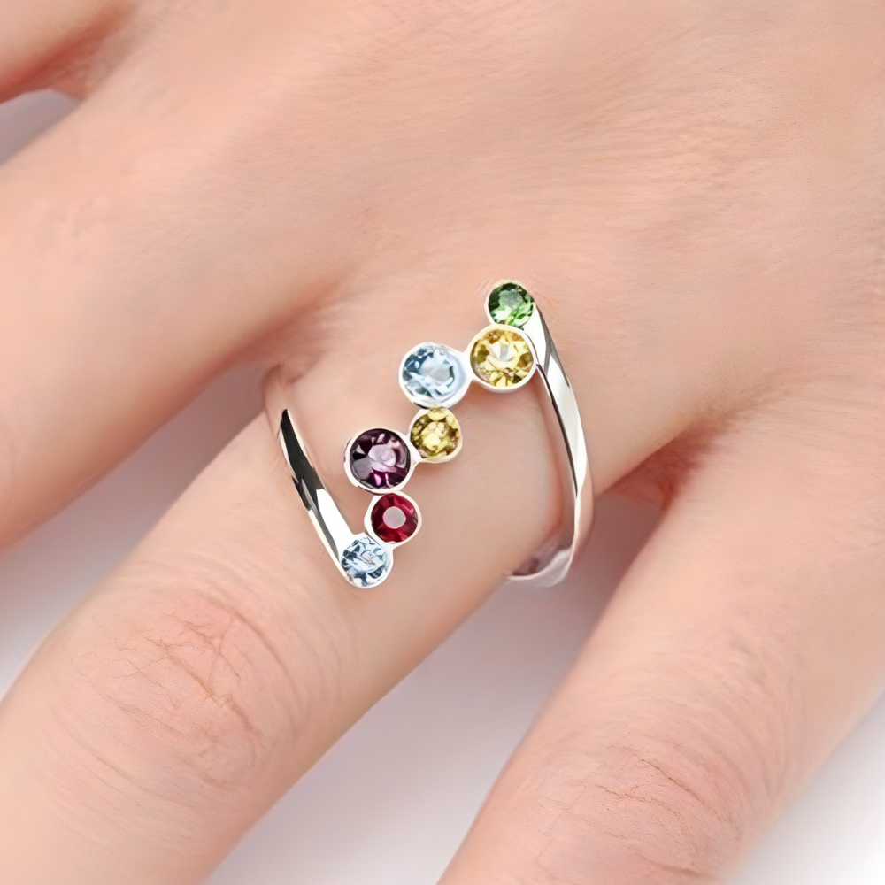 Mothers Day Birthstone Ring Silver Adjustable Multicolor Ring