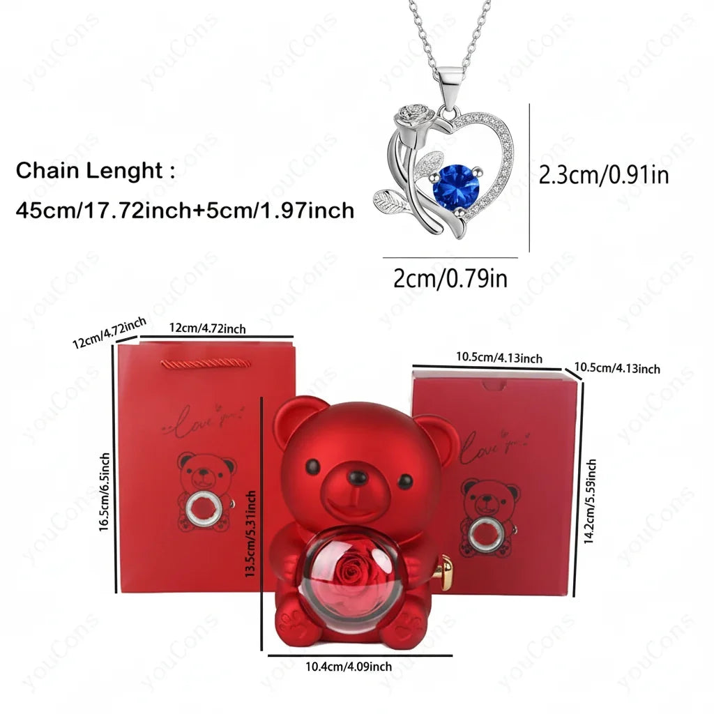 Necklace Heart Pendant Zircon Bear Rose Gift Box Women