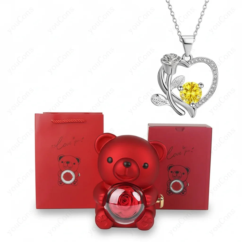 Necklace Heart Pendant Zircon Bear Rose Gift Box Women