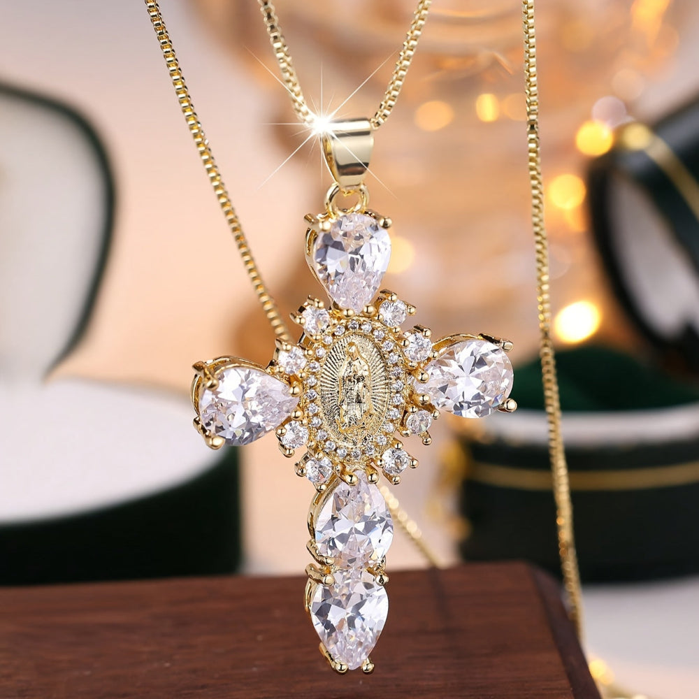 Necklace Cross Pendant Mothers Day Gold Zircon Crystal jewelry