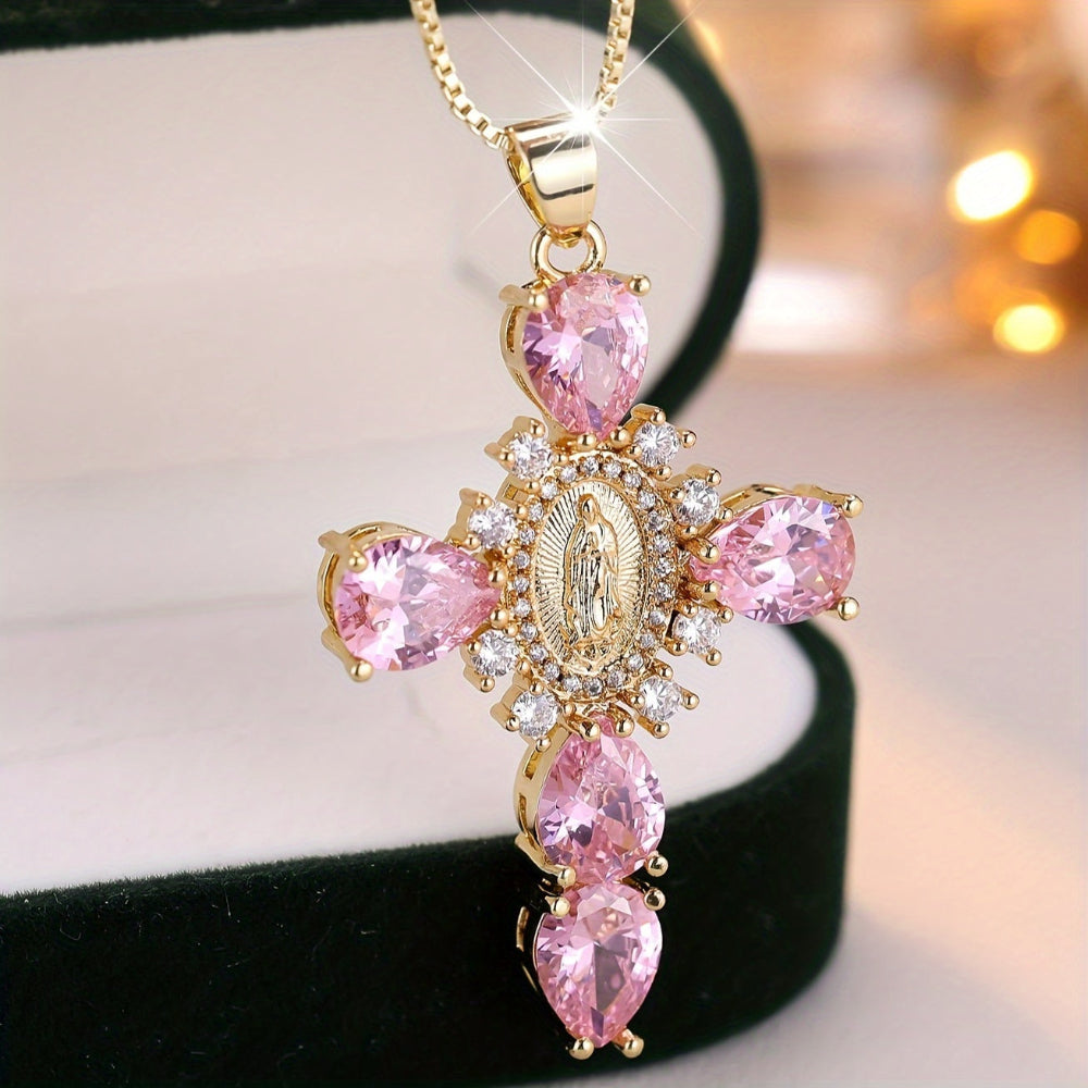 Necklace Cross Pendant Gold Cubic Zirconia Mothers Day Gift