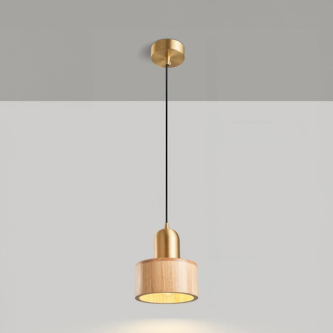Cylinder Pendant Light | Japanese-Style Walnut &amp; Brass Hanging Lamp