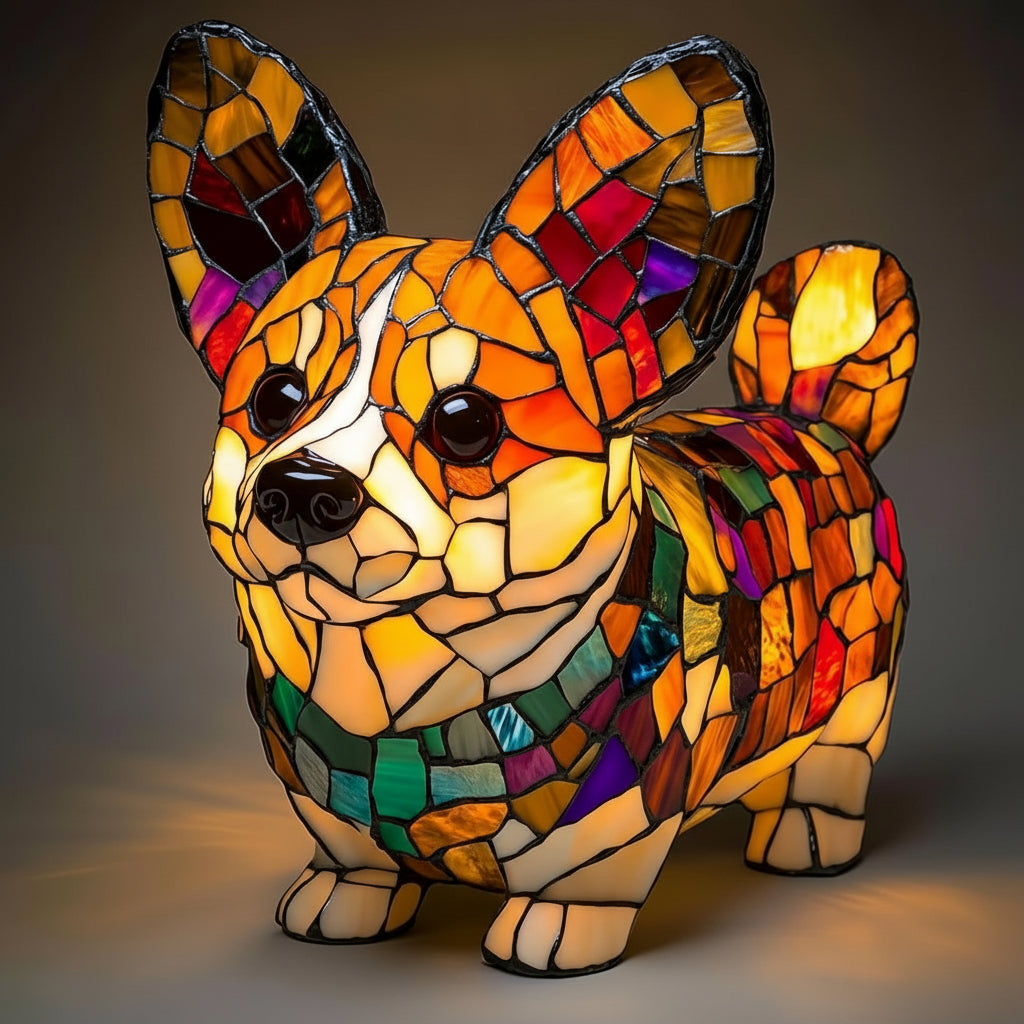 LED Table Lamp Dog Figurine Stained Glass Night Light Bedroom