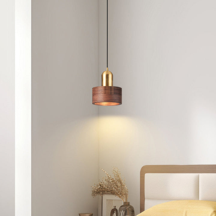 Cylinder Pendant Light | Japanese-Style Walnut &amp; Brass Hanging Lamp