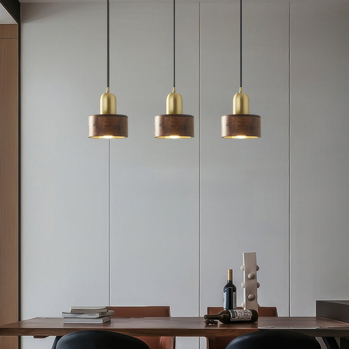 Cylinder Pendant Light | Japanese-Style Walnut &amp; Brass Hanging Lamp