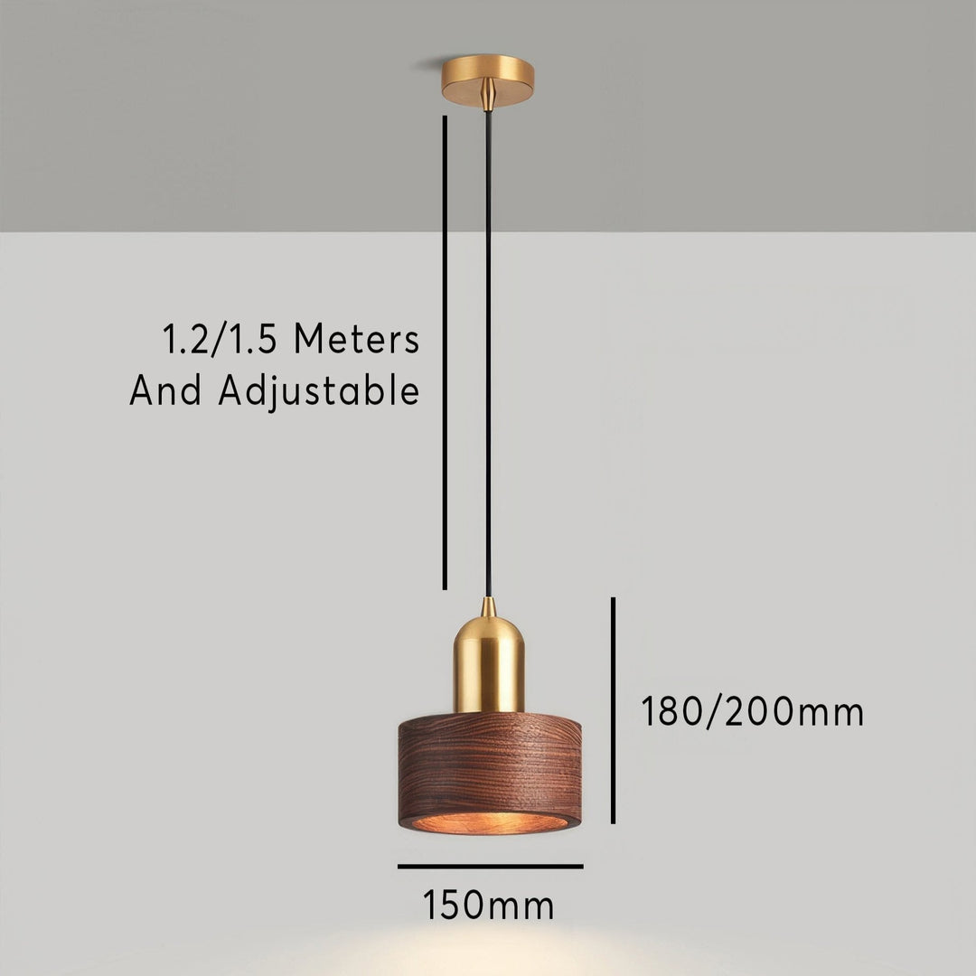 Cylinder Pendant Light | Japanese-Style Walnut &amp; Brass Hanging Lamp