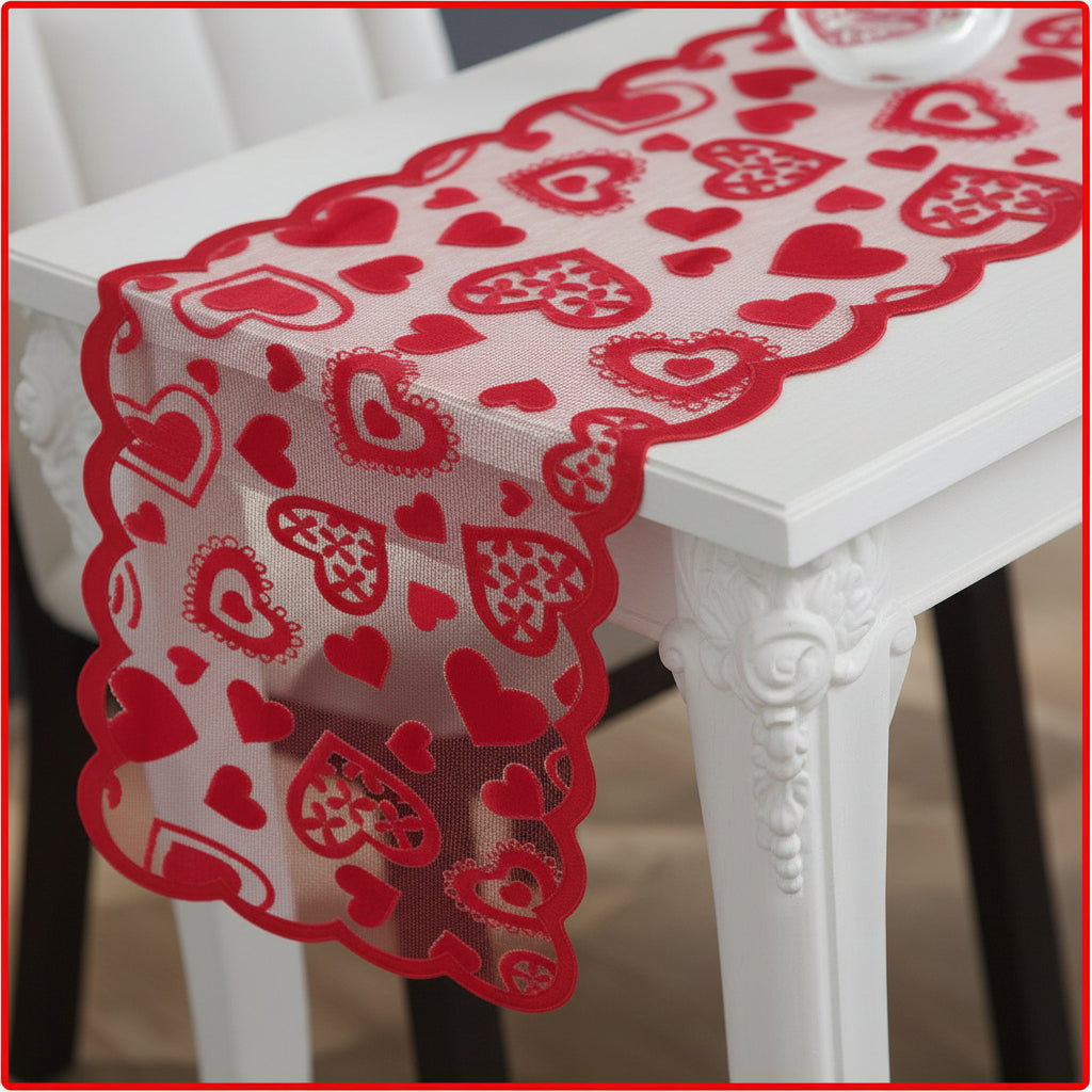 Table Runner Lace Red Heart Valentines Day Romantic Dining Decor