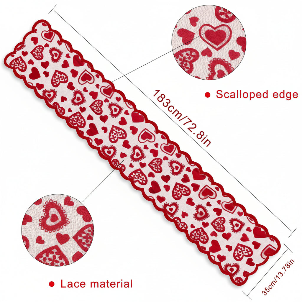 Table Runner Lace Red Heart Valentines Day Romantic Dining Decor