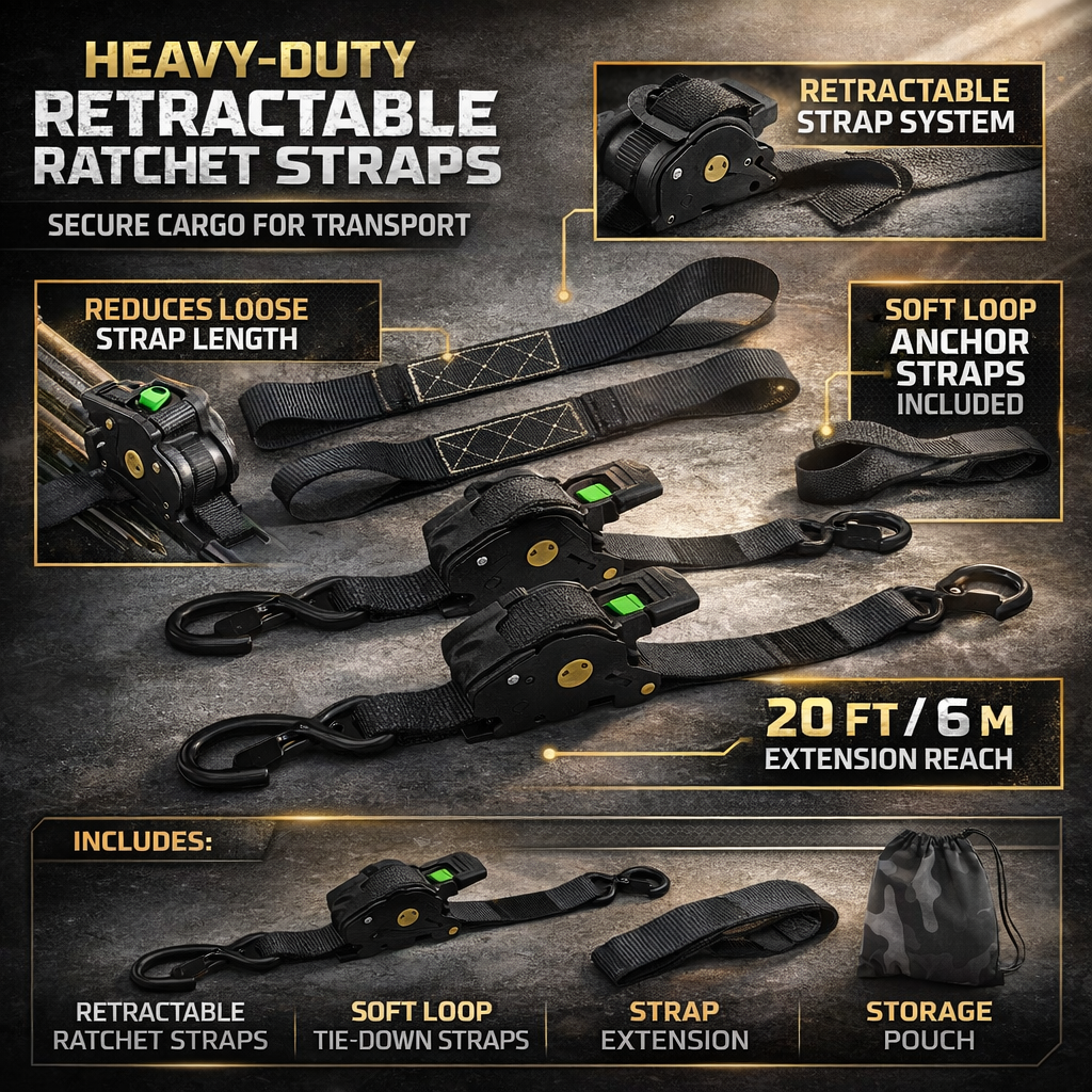 Ratchet Straps Cargo Retractable Tie Down Heavy Duty Hook Set