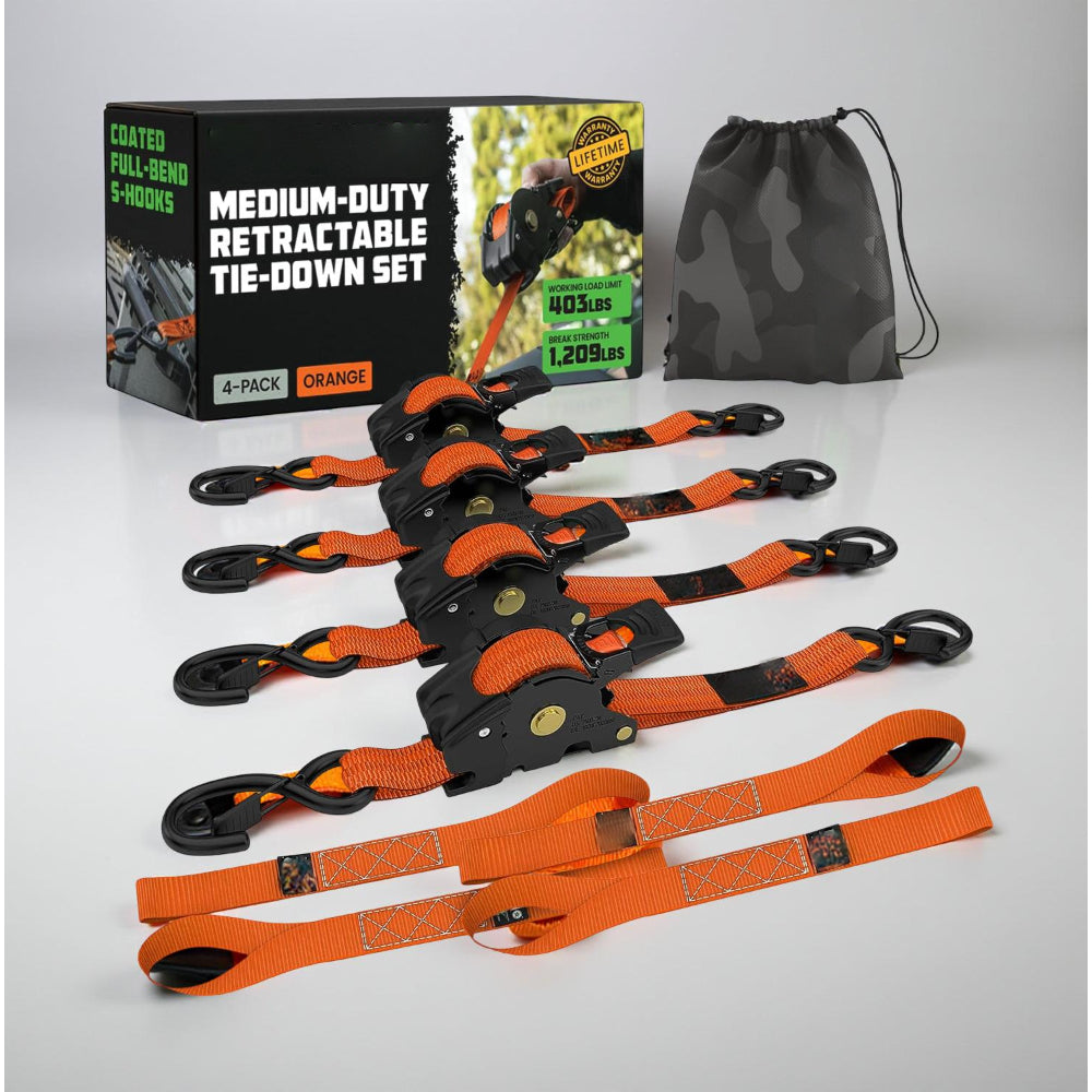 Ratchet Straps Cargo Retractable Tie Down Heavy Duty Hook Set