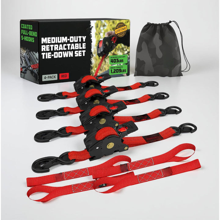 Ratchet Straps Cargo Retractable Tie Down Heavy Duty Hook Set
